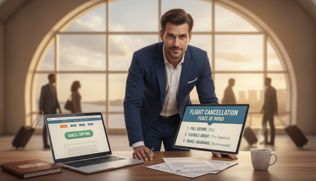 A digital illustration depicting a flight cancellation policy, focusing on an organized, appealing display of key points. In the foreground, a neatly arranged desk features a laptop open to a flight booking page, surrounded by a travel guide and a cup of coffee. In the middle, a professional individual in business attire is reviewing documents related to flight policies, looking focused and confident. The background showcases an airport terminal with soft lighting, hinting at a busy travel environment with passengers moving in an orderly manner. The color palette should be warm and inviting, conveying a sense of reassurance and clarity in travel planning. The overall atmosphere should evoke professionalism and calmness, illustrating the importance of understanding flight policies for a smooth booking experience. A digital illustration depicting a flight cancellation policy, focusing on an organized, appealing display of key points. In the foreground, a neatly arranged desk features a laptop open to a flight booking page, surrounded by a travel guide and a cup of coffee. In the middle, a professional individual in business attire is reviewing documents related to flight policies, looking focused and confident. The background showcases an airport terminal with soft lighting, hinting at a busy travel environment with passengers moving in an orderly manner. The color palette should be warm and inviting, conveying a sense of reassurance and clarity in travel planning. The overall atmosphere should evoke professionalism and calmness, illustrating the importance of understanding flight policies for a smooth booking experience.