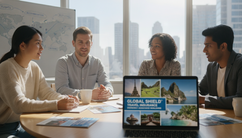 A diverse group of travelers, including two women and two men of various ethnicities, are seated at a round table in a bright, professional office environment, discussing group travel plans. They are dressed in smart casual attire, exuding a sense of collaboration and excitement. In the foreground, a laptop open with travel destinations displayed and travel brochures scattered across the table. In the middle ground, a large window reveals a sunny day outside, creating a warm, inviting atmosphere. In the background, a whiteboard filled with notes and maps emphasizes the planning aspect. The lighting is bright yet soft, enhancing the optimistic mood of preparation and support for safe travels. A close-up shot captures the intense focus on the discussions, showcasing the importance of travel protection and emergency support.