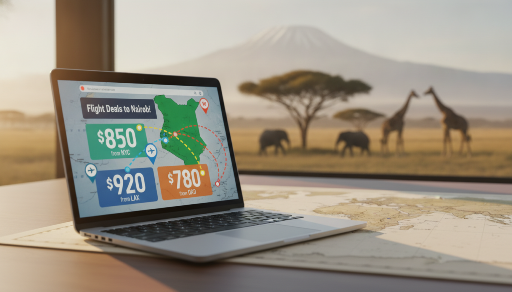 A dynamic visual comparing airfares from major U.S. departure cities to Kenya. In the foreground, display a modern laptop with an open flight comparison website, showing vibrant flight deals and prices. In the middle ground, include a world map highlighting Kenya with flight paths extending from key U.S. cities like New York, Los Angeles, and Chicago, marked with colorful pins. In the background, a picturesque Kenyan landscape with iconic wildlife, like elephants or giraffes, and Mount Kilimanjaro to evoke a sense of adventure. Use bright, engaging lighting to create a hopeful and energetic mood, with a slight depth of field to emphasize the laptop in the foreground. The overall atmosphere should convey excitement about planning a trip to Kenya. A dynamic visual comparing airfares from major U.S. departure cities to Kenya. In the foreground, display a modern laptop with an open flight comparison website, showing vibrant flight deals and prices. In the middle ground, include a world map highlighting Kenya with flight paths extending from key U.S. cities like New York, Los Angeles, and Chicago, marked with colorful pins. In the background, a picturesque Kenyan landscape with iconic wildlife, like elephants or giraffes, and Mount Kilimanjaro to evoke a sense of adventure. Use bright, engaging lighting to create a hopeful and energetic mood, with a slight depth of field to emphasize the laptop in the foreground. The overall atmosphere should convey excitement about planning a trip to Kenya.