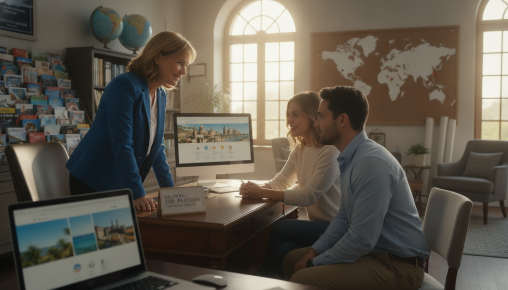 A friendly international travel agent stands in a cozy, well-lit office space filled with travel brochures and maps. The agent, a middle-aged woman wearing professional business attire, is engaged in a conversation with a client, a young couple dressed in smart casual clothing. In the foreground, a laptop displays travel websites and booking options. The middle ground captures a welcoming reception area adorned with world maps and travel-related décor. In the background, large windows let in warm, natural sunlight, creating an inviting atmosphere. The agent's expression is knowledgeable and approachable, reflecting trust and expertise in international travel. The image conveys a professional yet warm environment, ideal for clients seeking assistance in planning their trips. The angle is slightly angled up to emphasize engagement and connection.