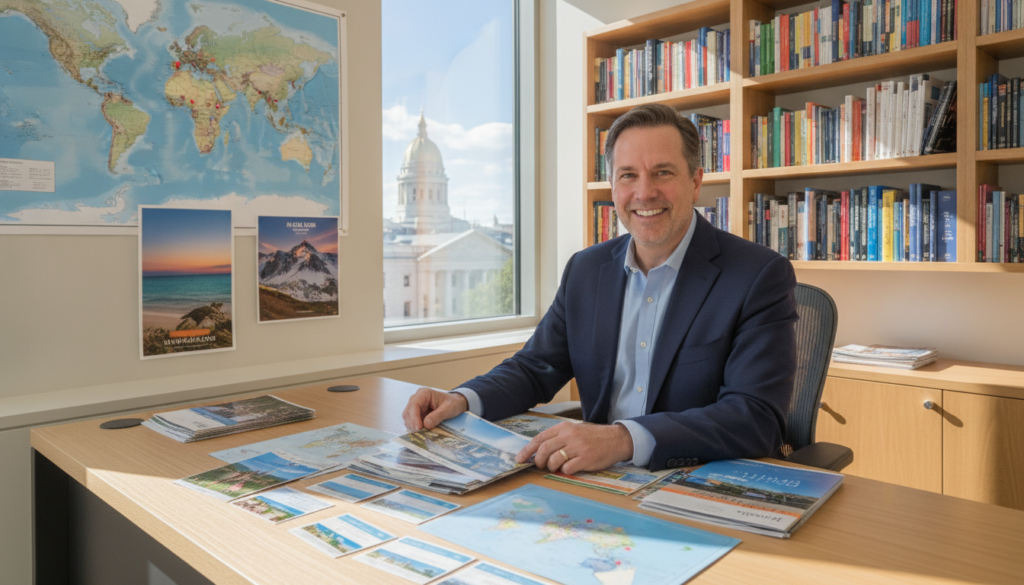 A friendly travel advisor in a modern office setting, displaying a welcoming smile. In the foreground, the advisor, a middle-aged individual in professional business attire, is seated at a desk, studying travel brochures and organizing itineraries. The middle ground features a large map of popular travel destinations, along with travel posters depicting scenic landscapes. The background has shelves filled with travel guidebooks and a window showing a bright, sunny day in St. Paul, MN. Soft, natural light filters through the window, creating a warm and inviting atmosphere. The angle should be slightly elevated to capture both the advisor’s engaged expression and the vibrant workspace, evoking a mood of excitement and professionalism in travel planning. A friendly travel advisor in a modern office setting, displaying a welcoming smile. In the foreground, the advisor, a middle-aged individual in professional business attire, is seated at a desk, studying travel brochures and organizing itineraries. The middle ground features a large map of popular travel destinations, along with travel posters depicting scenic landscapes. The background has shelves filled with travel guidebooks and a window showing a bright, sunny day in St. Paul, MN. Soft, natural light filters through the window, creating a warm and inviting atmosphere. The angle should be slightly elevated to capture both the advisor’s engaged expression and the vibrant workspace, evoking a mood of excitement and professionalism in travel planning.