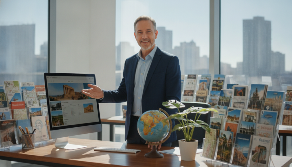 A friendly travel agent stands at a modern, inviting office space, surrounded by brochures and maps showcasing exotic destinations. In the foreground, the agent, a middle-aged professional in smart business attire, is smiling and gesturing toward a computer screen displaying a colorful travel itinerary. The middle layer features a polished wooden desk adorned with a few travel-related items like a globe and a vibrant potted plant. In the background, large windows allow natural light to pour in, highlighting the urban landscape outside, with a clear blue sky. The atmosphere is warm and welcoming, suggesting expertise and trust, perfect for someone looking for travel assistance. The image is captured in a bright, well-lit environment with a slightly low angle to emphasize the agent's approachable demeanor.