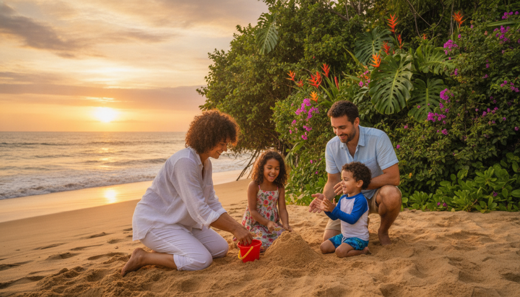A joyful family enjoying their vacation in Costa Rica, set on a beautiful beach. In the foreground, a mother and father are playing in the sand with their two children, all dressed in comfortable, modest summer clothes. The middle ground features lush tropical vegetation and vibrant flowers, typical of Costa Rica's rich biodiversity. In the background, gentle waves lap against the shore, with a stunning sunset casting warm, golden hues across the sky. The scene captures a feeling of happiness and relaxation, highlighting the beauty of family bonding in a picturesque environment. Soft natural lighting enhances the vibrant colors, creating a serene and inviting atmosphere. The image should convey a sense of adventure and tranquility, perfect for family-friendly vacation packages.