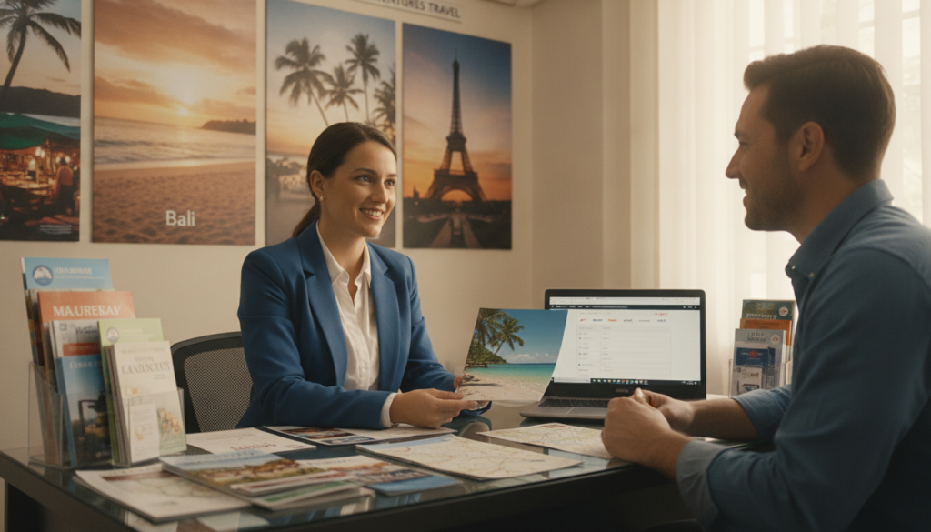 A local travel agent's office scene, filled with elements that reflect reliability and professionalism. In the foreground, a friendly travel agent, dressed in smart business attire, is engaged in a conversation with a satisfied customer. The agent is holding a colorful travel brochure. In the middle, a desk cluttered with travel brochures, maps, and an open laptop displaying flight options. The background features a wall adorned with posters of exotic destinations like Bali and Paris, creating a sense of wanderlust. Soft, warm lighting illuminates the room, creating an inviting atmosphere. The angle captures an intimate and trustworthy environment, emphasizing the importance of choosing a reliable travel agency while evoking feelings of excitement about future travels.