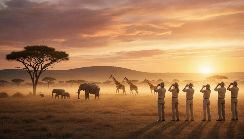 A luxurious Kenya safari scene at sunset, showcasing a majestic savannah landscape in the foreground with acacia trees and a stunning golden horizon. In the middle ground, a group of tourists dressed in professional, modest casual clothing observe wildlife through binoculars, highlighting the excitement of safari adventures. Capture a variety of animals, such as elephants and giraffes, gracefully roaming the plains. In the background, a distant hill and vibrant, colorful skies with hues of orange and purple create a warm, inviting atmosphere. Utilize soft, diffused lighting to enhance the tranquil yet adventurous mood, with a wide-angle perspective that conveys the vastness of the safari experience without any text or watermarks.