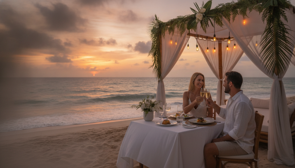 A luxurious honeymoon travel scene set on a stunning tropical beach at sunset. In the foreground, an elegantly set table draped with white linen features fine dining items, including sparkling glasses and gourmet dishes. A couple dressed in modest casual clothing, smiling and toasting with their glasses, radiates joy and intimacy. In the middle, a private cabana adorned with lush greenery and soft lighting creates an inviting atmosphere. The background reveals a breathtaking ocean view with gentle waves lapping against the shore, illuminated by the warm golden hues of the setting sun. The scene captures an atmosphere of romance and tranquility, emphasizing the beauty and intimacy of a honeymoon getaway while highlighting luxurious travel experiences. The composition is framed with a slight tilt, enhancing the cinematic quality, and soft-focus gives a dreamy feel to the image.
