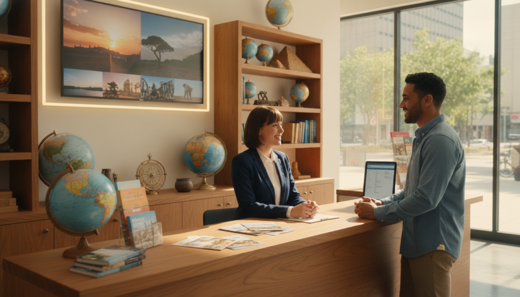 A modern and inviting local travel agency interior, showcasing a well-organized reception area. In the foreground, a friendly travel agent dressed in professional business attire engages with a satisfied customer at a sleek desk, displaying a variety of travel brochures and maps. In the middle ground, shelves filled with globes and travel artifacts create an engaging atmosphere, while a large wall-mounted screen presents beautiful travel destinations. The background features large windows allowing natural sunlight to flood the space, casting soft shadows that enhance the warm atmosphere. The lighting is bright yet cozy, with a focus on welcoming tones. The overall mood is one of trust, professionalism, and excitement for future adventures. The image should feel dynamic and inspiring, encouraging viewers to explore their travel options. A modern and inviting local travel agency interior, showcasing a well-organized reception area. In the foreground, a friendly travel agent dressed in professional business attire engages with a satisfied customer at a sleek desk, displaying a variety of travel brochures and maps. In the middle ground, shelves filled with globes and travel artifacts create an engaging atmosphere, while a large wall-mounted screen presents beautiful travel destinations. The background features large windows allowing natural sunlight to flood the space, casting soft shadows that enhance the warm atmosphere. The lighting is bright yet cozy, with a focus on welcoming tones. The overall mood is one of trust, professionalism, and excitement for future adventures. The image should feel dynamic and inspiring, encouraging viewers to explore their travel options.