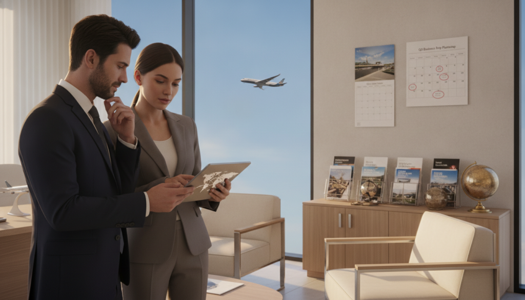 A modern, elegant office environment focused on the topic of premium air travel. In the foreground, a professional-looking man and woman are studying a digital tablet, dressed in smart business attire, with expressions of contemplation. The middle layer features a large window showcasing a clear blue sky with an airplane flying in the distance, symbolizing travel. The background displays a well-organized office space with travel brochures, a globe, and a calendar marked with specific dates for travel advice, hinting at strategic planning. Soft, warm lighting enhances the scene, creating an inviting atmosphere, while a wide-angle lens captures the depth of the office setting, encouraging a sense of inspiration and future adventures in business class flying. A modern, elegant office environment focused on the topic of premium air travel. In the foreground, a professional-looking man and woman are studying a digital tablet, dressed in smart business attire, with expressions of contemplation. The middle layer features a large window showcasing a clear blue sky with an airplane flying in the distance, symbolizing travel. The background displays a well-organized office space with travel brochures, a globe, and a calendar marked with specific dates for travel advice, hinting at strategic planning. Soft, warm lighting enhances the scene, creating an inviting atmosphere, while a wide-angle lens captures the depth of the office setting, encouraging a sense of inspiration and future adventures in business class flying.