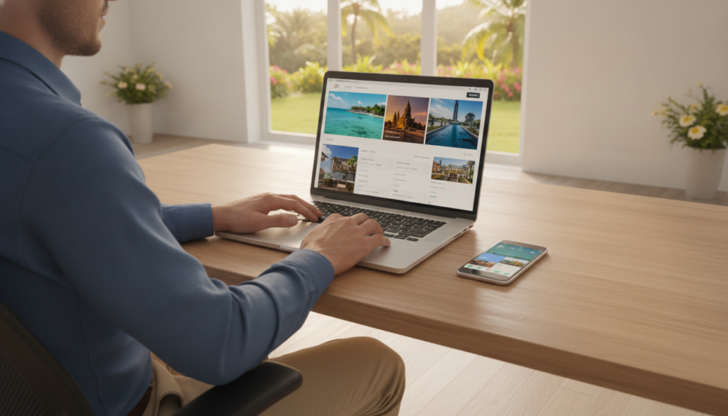 A modern laptop sits on a stylish wooden desk in a bright, airy room, displaying an open travel booking website showcasing vibrant images of exotic destinations and luxury hotels. In the foreground, a person in smart casual attire is engaged with the laptop, looking confident and focused, as they select options for flights and accommodations. To the side, a smartphone is visible with travel-related apps open, complementing the booking theme. In the background, a large window reveals a sunny day with lush greenery outside, creating a feeling of clarity and optimism. Soft, natural lighting floods the room, enhancing a welcoming and stress-free atmosphere. The camera angle captures an inviting perspective, emphasizing the ease and safety of online travel planning. A modern laptop sits on a stylish wooden desk in a bright, airy room, displaying an open travel booking website showcasing vibrant images of exotic destinations and luxury hotels. In the foreground, a person in smart casual attire is engaged with the laptop, looking confident and focused, as they select options for flights and accommodations. To the side, a smartphone is visible with travel-related apps open, complementing the booking theme. In the background, a large window reveals a sunny day with lush greenery outside, creating a feeling of clarity and optimism. Soft, natural lighting floods the room, enhancing a welcoming and stress-free atmosphere. The camera angle captures an inviting perspective, emphasizing the ease and safety of online travel planning.