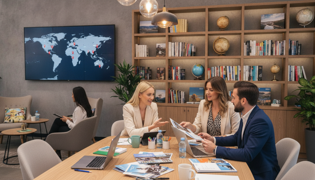 A modern travel agent's office, bustling with activity. In the foreground, a diverse group of three professionals, a man and two women, are engaged in enthusiastic discussions around a sleek conference table filled with travel brochures and laptops. Each is dressed in smart business attire, reflecting professionalism. In the middle ground, a large wall-mounted screen displays a colorful world map with pins marking popular travel destinations. The background features shelves lined with travel guides and decorative globes, creating an inviting atmosphere. Soft, warm lighting highlights the faces of the agents, conveying a sense of friendliness and support. The overall mood is collaborative and focused, emphasizing the importance of travel planning assistance.