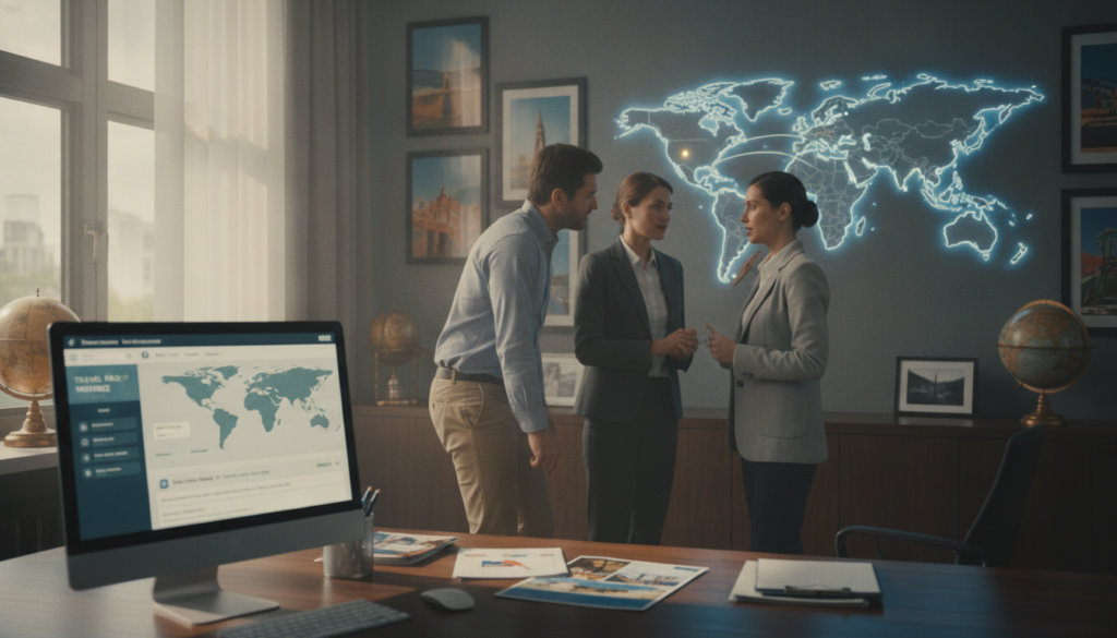 A modern travel insurance concept scene depicting a professional travel advisor in a stylish office setting, discussing international travel medical coverage with a couple dressed in smart casual attire. The foreground features a computer screen displaying travel insurance details and maps, with brochures neatly arranged on the table. In the middle, the travel advisor gestures toward a world map highlighting various destinations, creating an engaging interaction. The background includes travel-themed decor, such as globes and travel posters, with natural light filtering through large windows, creating a warm and inviting atmosphere. The mood is professional yet approachable, symbolizing reassurance and protection for travelers seeking information on medical coverage during their international adventures. A modern travel insurance concept scene depicting a professional travel advisor in a stylish office setting, discussing international travel medical coverage with a couple dressed in smart casual attire. The foreground features a computer screen displaying travel insurance details and maps, with brochures neatly arranged on the table. In the middle, the travel advisor gestures toward a world map highlighting various destinations, creating an engaging interaction. The background includes travel-themed decor, such as globes and travel posters, with natural light filtering through large windows, creating a warm and inviting atmosphere. The mood is professional yet approachable, symbolizing reassurance and protection for travelers seeking information on medical coverage during their international adventures.
