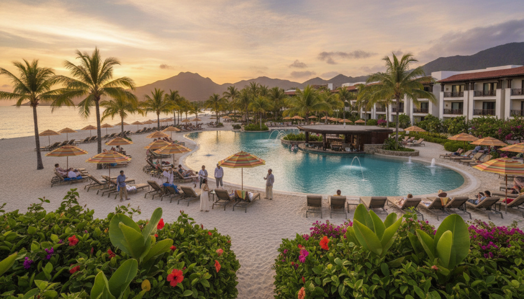 A picturesque all-inclusive vacation destination featuring a luxurious beachfront resort with vibrant tropical gardens in the foreground. Sun loungers with colorful umbrellas are arranged along the white sandy beach, where a diverse group of travelers in modest casual clothing are enjoying the sun and chatting. In the middle ground, a sparkling turquoise pool with a swim-up bar and lush palm trees creates a relaxed atmosphere. The background showcases a stunning sunset, casting warm golden and pink hues across the sky, with distant mountains framing the scene. The image is lit with soft, warm lighting to enhance the inviting and tranquil mood, captured from a slightly elevated angle to encompass the beauty of the entire setting.