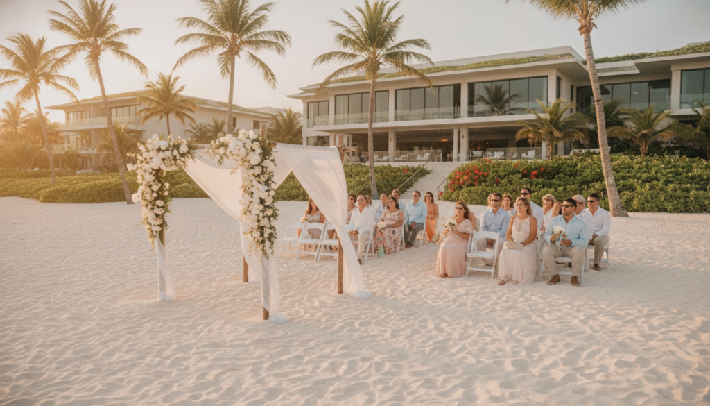 A picturesque destination wedding resort, featuring a serene beach setting with soft, white sand and turquoise waves gently lapping at the shore. In the foreground, an elegantly set wedding altar adorned with white flowers and flowing sheer fabric. To the side, a tasteful seating arrangement with modestly dressed guests, enjoying the view. In the middle ground, palm trees sway gently in the warm breeze, casting playful shadows on the sand. In the background, a luxurious resort building with large windows reflecting the bright sun, surrounded by lush greenery. The scene is illuminated by golden hour lighting, creating a romantic and inviting atmosphere. The angle captures the expansive beauty of the location, emphasizing its potential for unforgettable weddings.