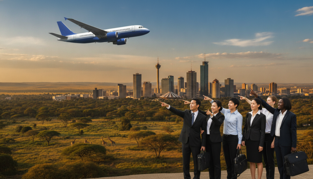 A picturesque view of Nairobi during the best time to fly, showcasing a clear blue sky with wispy white clouds. In the foreground, an airplane soaring gracefully, symbolizing budget travel, is watched by a diverse group of travelers dressed in professional business attire, eagerly pointing towards Nairobi’s skyline. The middle ground captures iconic Nairobi landmarks like the Nairobi National Park and modern skyscrapers bathed in warm sunlight. In the background, hints of savanna landscapes can be seen, with a subtle palette of greens and golds that evoke a sense of adventure and exploration. The lighting is soft, with a golden hour glow, creating a hopeful and inviting atmosphere. The image is shot using a wide-angle lens to capture the expansive view and enhance the sense of travel excitement.