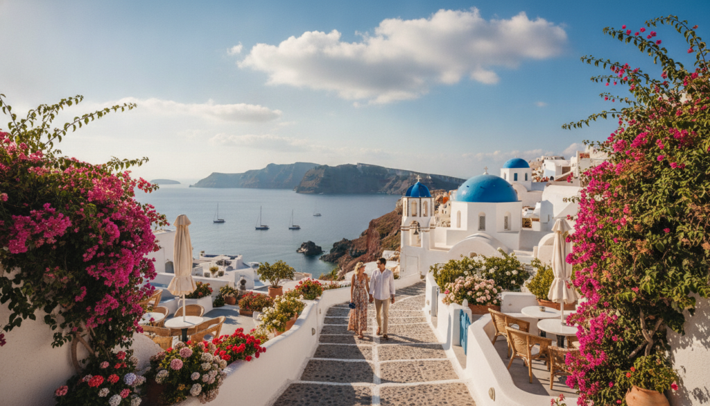 A picturesque view of a traditional Greek island vacation scene, set under a vibrant blue sky with a few fluffy white clouds. In the foreground, a cobblestone pathway lined with lush bougainvillea leads towards charming white-washed buildings with blue domes, reflecting the iconic architecture of Santorini. In the middle ground, a couple in modest casual clothing leisurely strolls hand-in-hand, enjoying the idyllic atmosphere. Bright sunlit terraces filled with colorful flowers and outdoor cafes can be seen, inviting relaxation. The background features the sparkling Aegean Sea, with sailboats gently bobbing on the water. The scene is illuminated by warm, golden sunlight, casting long shadows and creating a welcoming, serene ambiance, ideal for a memorable getaway. The angle captures a slight elevation, emphasizing the beauty of the landscape.