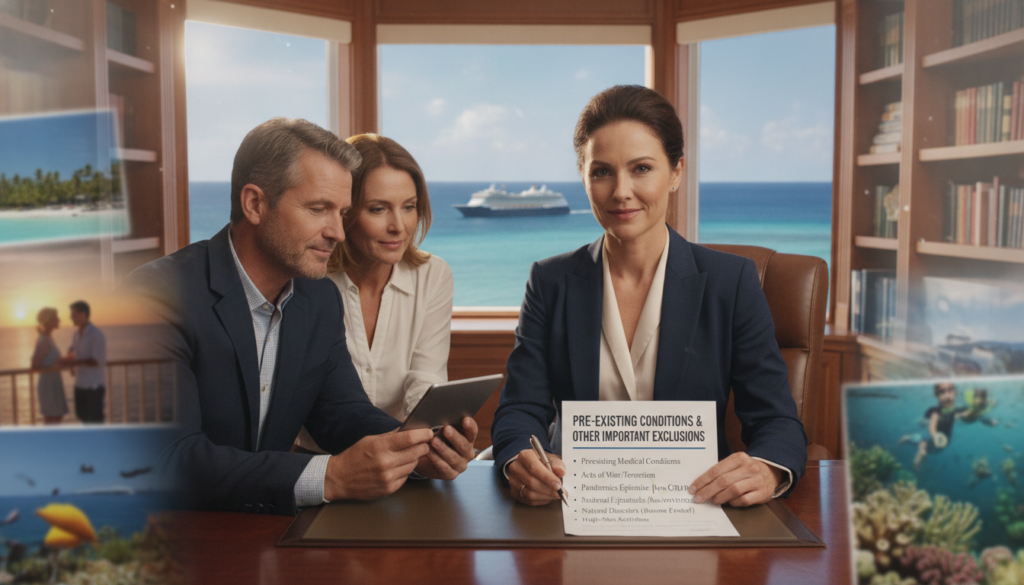 A professional and informative scene illustrating "Pre-Existing Conditions and Other Important Exclusions" in travel insurance, particularly for cruises. In the foreground, a well-dressed insurance agent gestures towards a detailed document highlighting key exclusions, such as pre-existing conditions. The middle ground features an elegantly decorated office with a large window showing a serene ocean view, evoking a sense of travel. Sunlight filters through, casting a warm glow over the scene, enhancing the feeling of assurance and professionalism. In the background, soft focus images of cruise ships and tropical destinations create a sense of adventure and exploration. The mood is calm and reassuring, emphasizing important information about travel insurance in a visually engaging way. A professional and informative scene illustrating "Pre-Existing Conditions and Other Important Exclusions" in travel insurance, particularly for cruises. In the foreground, a well-dressed insurance agent gestures towards a detailed document highlighting key exclusions, such as pre-existing conditions. The middle ground features an elegantly decorated office with a large window showing a serene ocean view, evoking a sense of travel. Sunlight filters through, casting a warm glow over the scene, enhancing the feeling of assurance and professionalism. In the background, soft focus images of cruise ships and tropical destinations create a sense of adventure and exploration. The mood is calm and reassuring, emphasizing important information about travel insurance in a visually engaging way.