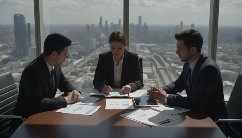 A professional business meeting taking place in a modern office setting. In the foreground, a diverse group of three individuals, dressed in professional attire, are discussing travel insurance policy documents spread out on a sleek conference table. One person is pointing at a specific detail in the paperwork, showcasing a sense of concern. The middle ground features a large window with soft, natural light streaming in, casting gentle shadows that enhance the atmosphere of focus and professionalism. In the background, a city skyline is visible, suggesting a bustling urban environment. The mood is serious yet constructive, emphasizing the importance of making informed choices when selecting travel insurance.