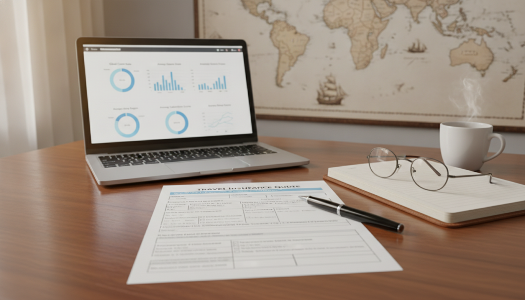 A professional, clean layout of a travel insurance quote form on a wooden desk, with a modern laptop displaying various insurance statistics in the background. In the foreground, include a pair of reading glasses and a pen placed on a notepad filled with notes about travel medical insurance, conveying the act of research and decision-making. Soft, natural lighting filters through a nearby window, creating a warm and inviting atmosphere. In the background, a world map can be seen on the wall, symbolizing travel and exploration. The image should reflect clarity, professionalism, and the meticulous nature of selecting a policy, inviting the viewer to consider the importance of reading the fine print.