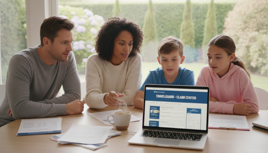 A professional family sitting at a modern kitchen table, engaging in the process of filing a travel insurance claim. In the foreground, a laptop is open with travel documents and claim forms visible, alongside a cup of coffee for a cozy atmosphere. The middle ground features the family—parents and two children—portrayed in modest, casual clothing, appearing focused and collaborative, discussing their claim with expressions of determination. In the background, a sunlit window reveals a lush garden, enhancing the feeling of warmth and security. Soft, natural lighting illuminates the scene, creating an inviting and reassuring mood. The angle captures both the family interaction and the relevant paperwork, emphasizing the theme of navigating travel insurance easily and efficiently. A professional family sitting at a modern kitchen table, engaging in the process of filing a travel insurance claim. In the foreground, a laptop is open with travel documents and claim forms visible, alongside a cup of coffee for a cozy atmosphere. The middle ground features the family—parents and two children—portrayed in modest, casual clothing, appearing focused and collaborative, discussing their claim with expressions of determination. In the background, a sunlit window reveals a lush garden, enhancing the feeling of warmth and security. Soft, natural lighting illuminates the scene, creating an inviting and reassuring mood. The angle captures both the family interaction and the relevant paperwork, emphasizing the theme of navigating travel insurance easily and efficiently.