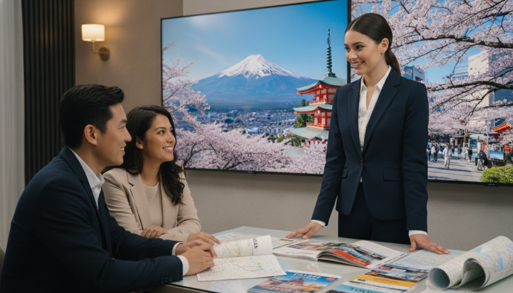 A professional female travel agent in a stylish business attire, standing confidently at a sleek desk adorned with travel brochures and maps of Japan. In the foreground, she is assisting a diverse couple looking at a Japan travel guide. The middle ground features a detailed backdrop of vibrant Japanese landscapes, such as cherry blossoms and Mount Fuji, displayed on screens. Soft, warm lighting enhances the atmosphere, creating a welcoming environment. The angle is slightly above eye level, capturing the engagement between the agent and the couple. The mood is friendly and professional, reflecting a sense of trust and expertise in travel planning. The overall scene embodies the essence of selecting the right travel agent for an unforgettable trip to Japan. A professional female travel agent in a stylish business attire, standing confidently at a sleek desk adorned with travel brochures and maps of Japan. In the foreground, she is assisting a diverse couple looking at a Japan travel guide. The middle ground features a detailed backdrop of vibrant Japanese landscapes, such as cherry blossoms and Mount Fuji, displayed on screens. Soft, warm lighting enhances the atmosphere, creating a welcoming environment. The angle is slightly above eye level, capturing the engagement between the agent and the couple. The mood is friendly and professional, reflecting a sense of trust and expertise in travel planning. The overall scene embodies the essence of selecting the right travel agent for an unforgettable trip to Japan.