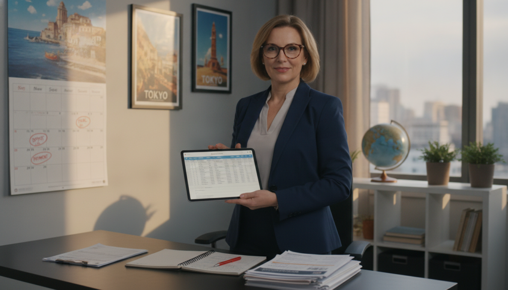 A professional group travel coordinator, a middle-aged woman with an approachable demeanor, stands confidently at a modern office desk. She is dressed in business casual attire, wearing a blazer and glasses, holding a tablet that displays flight itineraries. In the foreground, a neatly organized notebook and travel documents are visible, symbolizing careful planning. In the middle ground, a large wall calendar is displayed with highlighted deadlines and payment reminders. The background shows a cozy office environment with travel posters and a skyline view from a window, bathed in warm, natural light. The scene conveys a sense of efficiency, organization, and a calm atmosphere, illustrating the importance of keeping payments and deadlines under control during group travel planning.