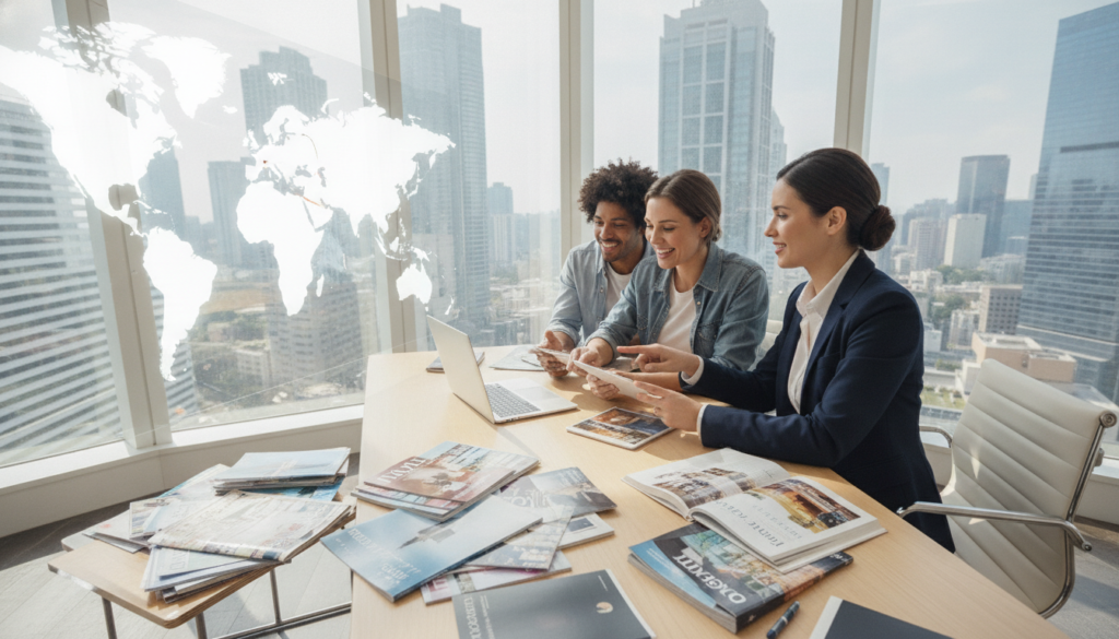 A professional international travel agent in a modern office setting, engaged in a consultation with a diverse couple planning their vacation. The agent, a woman in business attire, is attentively listening while pointing to a world map displayed on the wall. In the foreground, a sleek desk with travel brochures and a laptop. In the middle, the couple appears excited, discussing destinations while surrounded by maps and travel books. The background reveals large windows allowing natural light, hinting at a vibrant cityscape outside. The atmosphere is warm and inviting, conveying trust and professionalism. The lighting is bright and cheerful, enhancing the feeling of anticipation for exciting travels. The scene is captured from a slightly elevated angle, giving a comprehensive view of the interaction.