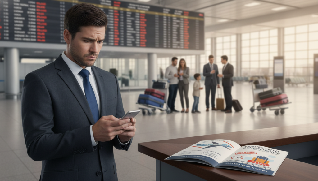 A professional-looking person in business attire, glancing at a smartphone with a worried expression, standing in an airport terminal filled with soft, warm lighting. In the background, a large departure board displays delayed flights, while luggage carts are scattered around. The foreground features an open travel insurance brochure, with visible images of airplanes, delays, and baggage claims, resting on a polished airport counter. The middle ground showcases travelers discussing their plans, highlighting the theme of uncertainty and the importance of preparation for travel disruptions. The atmosphere conveys a sense of urgency yet remains informative and encouraging, emphasizing the need for travel delay insurance and comprehensive coverage options.