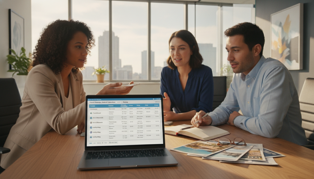 A professional setting showing a diverse group of three adults—two women and one man—engaged in a discussion over a laptop, reviewing various travel insurance quotes. In the foreground, the laptop screen displays a clear, detailed comparison of different insurance policies and pricing. The middle ground includes a neatly organized table with travel brochures and a notepad filled with notes. The background portrays a modern office environment with large windows allowing natural light to flood in, creating a warm and inviting atmosphere. The individuals are dressed in smart casual attire, exuding professionalism as they point and discuss. The image should evoke a sense of trust and clarity about the process of obtaining travel insurance.