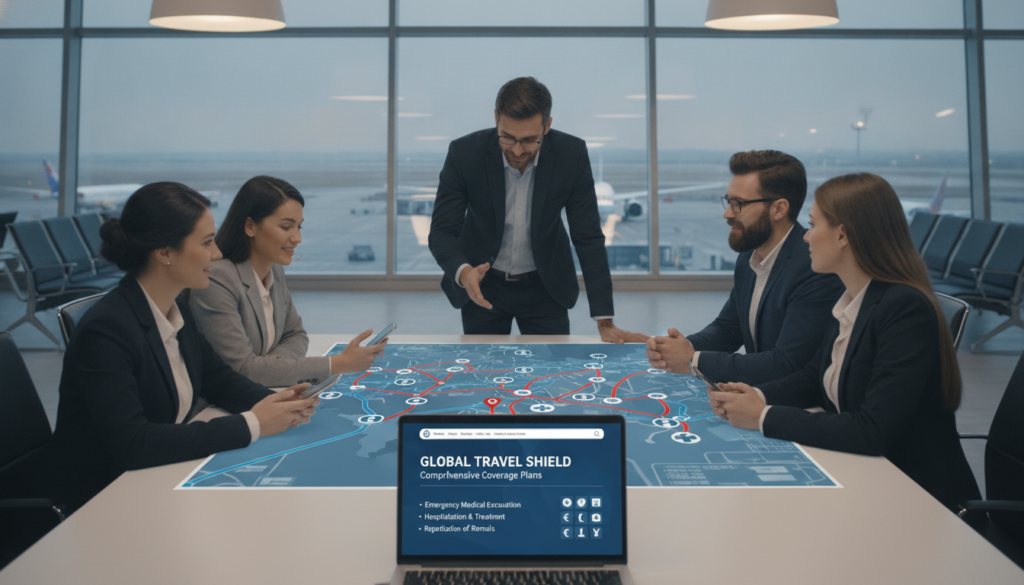 A professional team of diverse travelers in business attire analyzes a digital map displaying emergency medical and evacuation routes. In the foreground, a laptop is open, showing travel insurance coverage plans. In the middle, the group is actively discussing options, pointing at various locations marked with icons representing hospitals and evacuation centers. In the background, a modern airport terminal is visible, with soft, ambient lighting casting a reassuring glow. The atmosphere is focused and collaborative, highlighting the importance of safety while traveling. The image should maintain a professional tone, emphasizing preparedness and coverage in international travel scenarios, with clear details and vibrant colors to evoke trust and security.