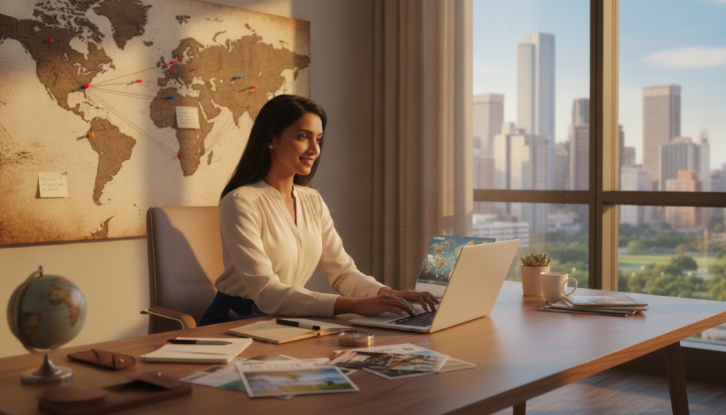 A professional travel advisor in a modern office setting, meticulously designing an international travel itinerary. In the foreground, the advisor, a diverse individual in smart business attire, is focused on a laptop with travel maps and brochures spread around. The middle ground includes a large world map on the wall, adorned with pins and notes marking various travel destinations. In the background, a window reveals a sunny day with city views, allowing natural light to illuminate the workspace. The atmosphere is productive and inspiring, reflecting the excitement of travel planning. Use a warm color palette and soft focus to enhance the inviting mood, captured from a slightly elevated angle for depth. A professional travel advisor in a modern office setting, meticulously designing an international travel itinerary. In the foreground, the advisor, a diverse individual in smart business attire, is focused on a laptop with travel maps and brochures spread around. The middle ground includes a large world map on the wall, adorned with pins and notes marking various travel destinations. In the background, a window reveals a sunny day with city views, allowing natural light to illuminate the workspace. The atmosphere is productive and inspiring, reflecting the excitement of travel planning. Use a warm color palette and soft focus to enhance the inviting mood, captured from a slightly elevated angle for depth.