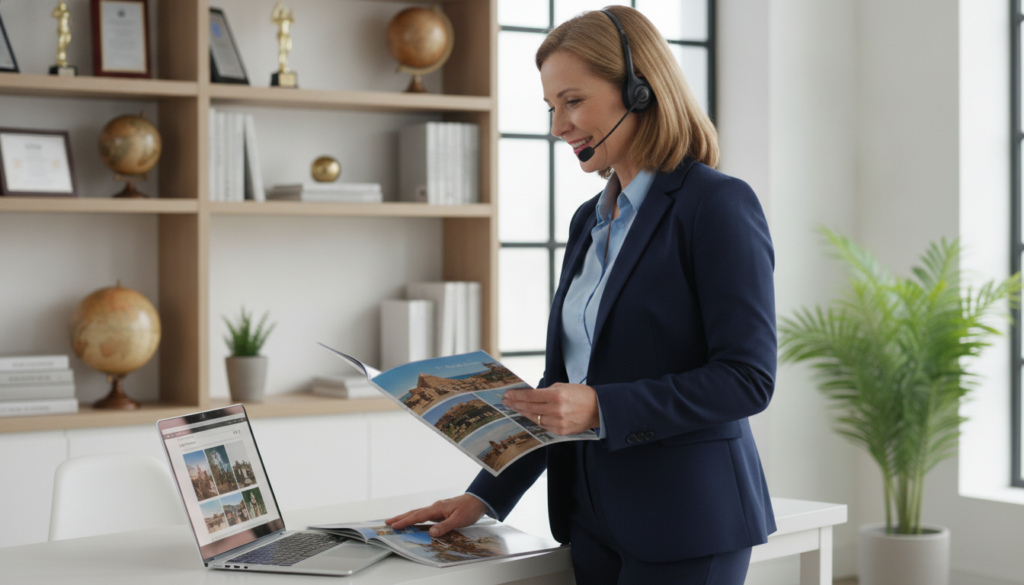 A professional travel advisor standing confidently in a modern office setting. In the foreground, the advisor, a middle-aged woman in smart business attire, is engaged in a conversation over a laptop, showcasing an open travel brochure filled with vibrant images of popular destinations. Her warm smile and attentive body language convey trustworthiness and expertise. In the middle background, shelves are lined with travel awards, maps, and globes, reinforcing her credibility. Soft, natural lighting pours in from large windows, creating an inviting atmosphere. The perspective is slightly angled from the side, emphasizing both the advisor and the well-organized workspace. The mood is friendly, professional, and reassuring, evoking a sense of reliability and personal connection in the realm of travel assistance.