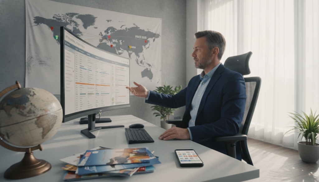 A professional travel agent in a modern office setting, intently reviewing flight deals on a large computer screen. The foreground features a sleek desk with travel brochures, a globe, and a smartphone displaying flight booking apps. In the middle, the travel agent, a middle-aged person wearing smart business attire, gestures towards the screen while focusing on international flight options. The background displays a world map with colorful markers indicating popular travel destinations, and large windows letting in bright, natural light that creates a warm and inviting atmosphere. The overall mood is focused and professional, conveying expertise and trustworthiness in booking international flights. Use a wide-angle lens for an immersive perspective, ensuring clarity and detail throughout.