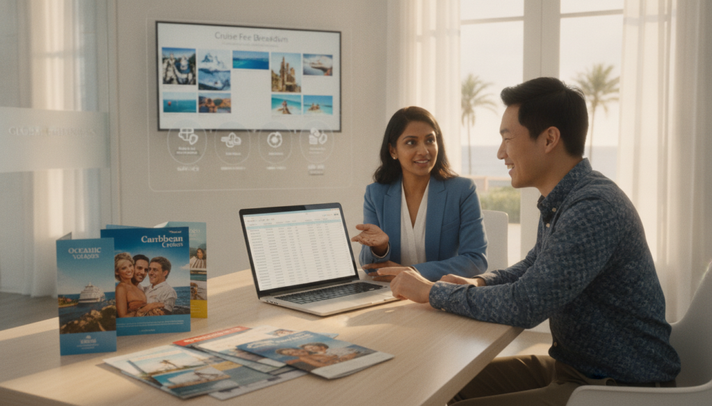 A professional travel agent's office setting, focusing on a sleek, modern desk adorned with colorful cruise brochures and a laptop displaying a detailed cruise pricing chart. In the foreground, a diverse travel agent, dressed in business casual attire, is engaging with a smiling client, pointing at the laptop screen. The middle ground features a wall-mounted display of popular cruise destinations and a visual representation of different fee structures. The background showcases large windows letting in warm, natural light, enhancing the inviting atmosphere. The overall mood is one of professionalism and excitement about planning a dream cruise, designed to convey a sense of trust and informed decision-making in cruise travel.