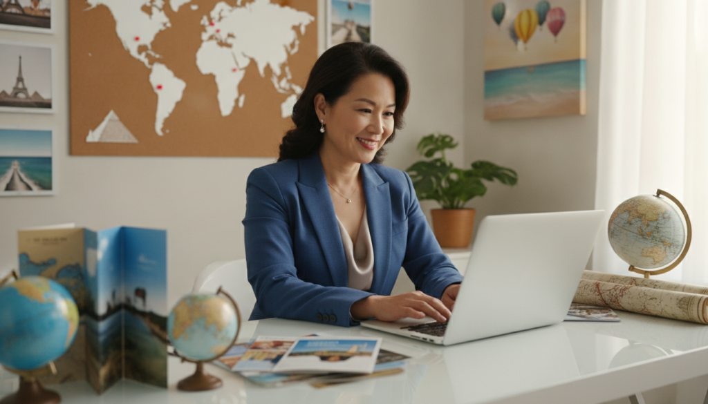 A professional travel consultant in Minneapolis sitting at a sleek, modern desk filled with maps and brochures. In the foreground, a well-dressed consultant, a middle-aged woman of Asian descent, focused and smiling while engaging with a laptop. The middle ground features a large world map and framed photographs of popular travel destinations. Soft, warm lighting illuminates the scene, creating an inviting atmosphere. The background contains decorative elements, like travel-themed art and a plant, subtly enhancing the professionalism of the office space. The camera angle captures a close-up view, highlighting the consultant's expertise and the engaging environment, conveying a mood of trust and approachability.