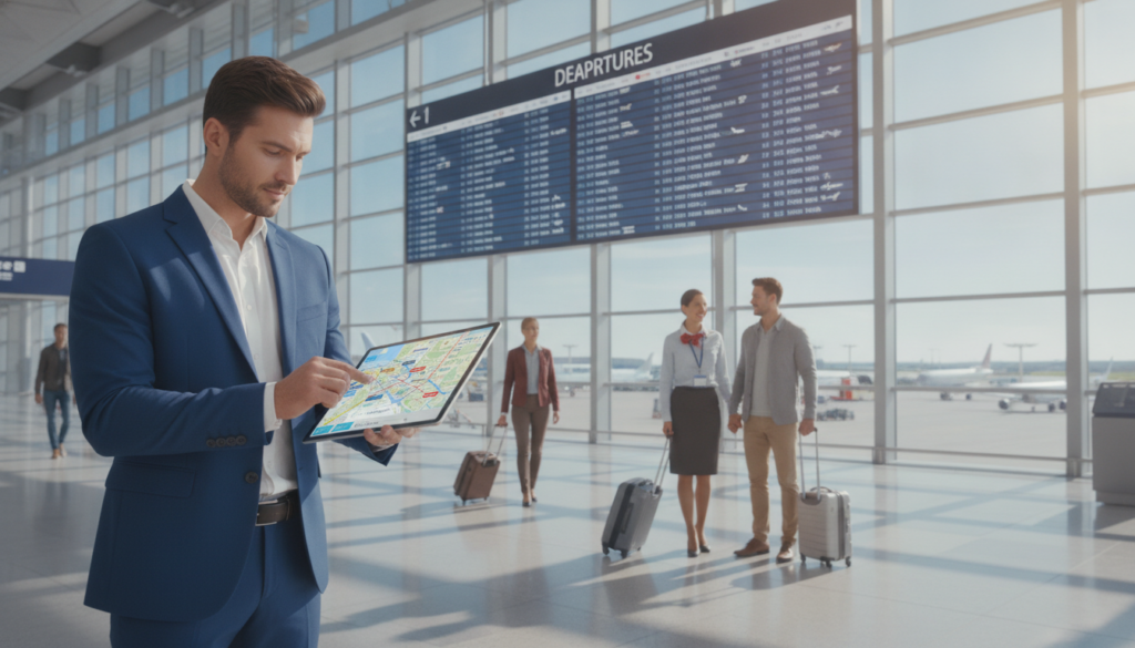 A professional travel expert in business attire, standing confidently at an airport, examining a digital map or flight comparison website on a tablet. The foreground features an airport terminal with travelers in the background, and a large illuminated departure board displaying flight times and destinations. In the middle ground, a friendly travel agent assists a couple with their luggage, showcasing the collaborative process of finding cheap flights. The atmosphere is bright and optimistic, with soft lighting illuminating the scene to highlight the sense of adventure and opportunity. A clear blue sky can be seen through the terminal's large glass windows, suggesting the excitement of travel and exploration. A wide-angle perspective captures the hustle and bustle of the airport environment.