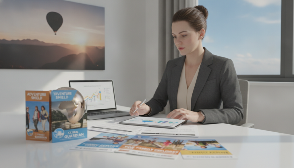 A professional travel insurance agent sits at a sleek, modern desk, analyzing various travel insurance policies spread out in front of them. The foreground features neatly stacked brochures showcasing different coverage types, highlighted by a soft spotlight that draws attention to the details. In the middle ground, a globe and a laptop depict global travel, while a digital document visibly shows comparison graphs of coverage benefits. The background is a warm, inviting office space with travel-themed artwork and a window revealing a clear blue sky, evoking a sense of adventure. The lighting is bright yet soft, capturing a welcoming atmosphere of professionalism and reliability. The agent, dressed in business attire, appears focused and engaged, embodying confidence and expertise in travel insurance.