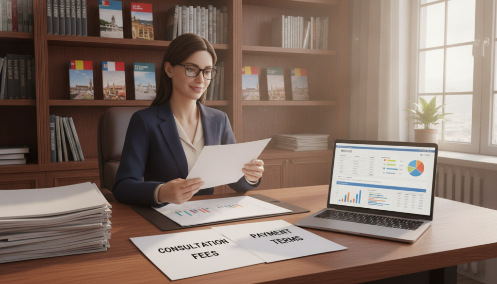 A professional visa consultant's office setting, showcasing a neatly organized desk with documents labeled "Consultation Fees" and "Payment Terms." In the foreground, a laptop displays a detailed invoice with charts illustrating fee structures. To the side, a consultant in smart business attire examines paperwork, exuding trustworthiness and expertise. In the middle ground, shelves filled with immigration law books and brochures create an educational atmosphere. The background features a window with soft, natural lighting, casting a warm glow over the entire scene, imparting a sense of professionalism and comfort. The overall mood is reassuring and competent, perfect for conveying the process of engaging a visa consultant.
