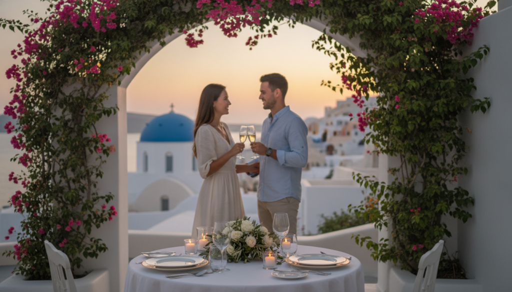 A romantic scene showcasing a luxury Greece honeymoon. In the foreground, a elegantly set table for two, adorned with fine china and flickering candles, capturing an intimate dining experience. In the middle ground, a couple dressed in modest, stylish clothing smiles and shares a toast, surrounded by lush greenery and vibrant bougainvillea. In the background, the iconic white-washed buildings of Santorini with blue domes under a golden sunset sky, reflecting soft, warm light. The atmosphere is serene and enchanting, evoking love and tranquility. Shot with a soft-focus lens to create a dreamy effect, highlighting the couple and their intimate setting.