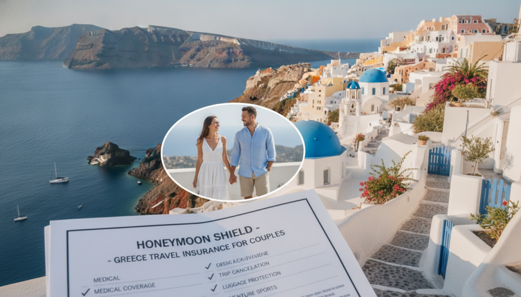 A scenic depiction of Greece focusing on travel insurance for couples planning a honeymoon. In the foreground, an open travel insurance policy document with a picturesque view of a couple in modest casual clothing, smiling and holding hands, symbolizing romance and adventure. The middle ground features a backdrop of an idyllic Greek island with white-washed buildings, blue domes, and lush greenery, showcasing the allure of Greece. In the background, a deep blue Aegean Sea under a bright, sunny sky evokes a sense of tranquility and excitement. Soft, natural lighting enhances the image, creating a warm and inviting atmosphere. The angle should capture both the couple and the stunning landscape, conveying the practical yet romantic aspects of planning a trip to Greece.