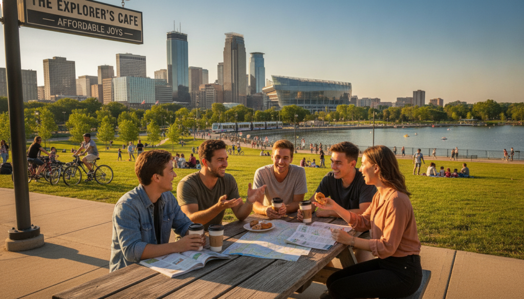 A scenic view of Minneapolis showcasing budget travel options, emphasizing affordability. In the foreground, a diverse group of travelers in modest casual clothing, joyfully discussing a travel itinerary over coffee at an outdoor café with park benches. In the middle ground, the iconic Minneapolis skyline towers, with notable landmarks such as the Wells Fargo Place and the U.S. Bank Stadium, while family-friendly attractions can be seen bustling with activity. The background features lush green parks and serene lakes that invite leisurely exploration. The scene is bathed in warm afternoon sunlight, promoting a sense of adventure and joy, with vibrant colors that reflect a cheerful mood. The shot is taken from a slightly elevated angle to capture the lively atmosphere of budget-conscious travel.