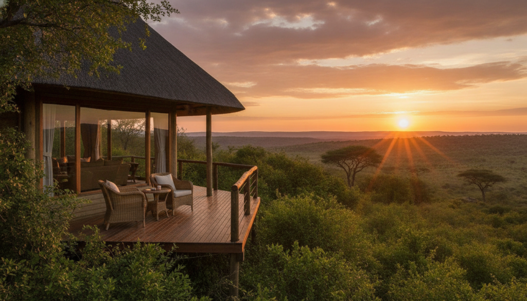 A serene African safari accommodation scene featuring an elegant wooden lodge surrounded by lush greenery. In the foreground, a cozy deck with comfortable chairs and a small table overlooks a picturesque landscape. The middle ground showcases the lodge with large windows, traditional thatched roof, and environmentally integrated architecture. In the background, rolling savannah hills bathed in golden sunlight create a warm, inviting atmosphere. A few acacia trees punctuate the scene, while a vibrant sunset paints the sky in hues of orange and pink. Capture soft, natural lighting to reflect the tranquil evening mood, with an emphasis on the beauty of the lodge and its setting, creating a sense of adventure and relaxation.