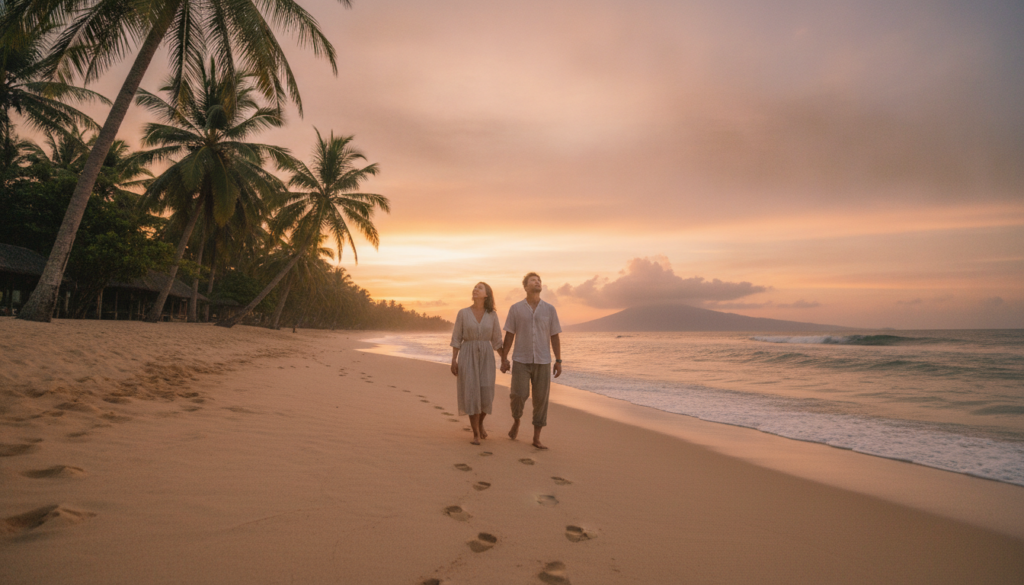A serene Bali honeymoon scene featuring a beautiful couple in modest casual clothing, gently strolling along a picturesque beach at sunset. In the foreground, delicate footprints trail through soft, golden sand, while the couple admires the vibrant hues of the sky, painted with oranges, pinks, and purples. The middle ground showcases lush, tropical palm trees swaying softly in the warm breeze, framing the couple. In the background, gentle waves lap the shore, with a silhouette of an idyllic island visible on the horizon. The lighting is soft and warm, creating a romantic atmosphere. Use a wide-angle lens to capture the expansive beauty of the coastline. The overall mood is tranquil and blissful, epitomizing the perfect time for a Bali honeymoon.