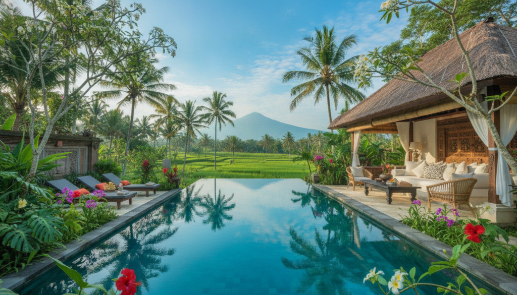 A serene Bali private pool villa, set in a lush tropical landscape. In the foreground, a sparkling infinity pool reflects the bright blue sky, surrounded by vibrant green foliage and blooming tropical flowers. The middle ground features a luxurious open-air living area adorned with elegant furnishings and decorative Balinese elements, creating a harmonious and inviting space. In the background, tall palm trees sway gently, with a glimpse of distant rice paddies under soft, warm sunlight. The scene conveys a romantic atmosphere, perfect for a honeymoon, with gentle, dappled shadows enhancing the tranquility. The image should be captured with a wide-angle lens to emphasize the spaciousness and beauty of the villa, evoking a sense of peaceful escape.