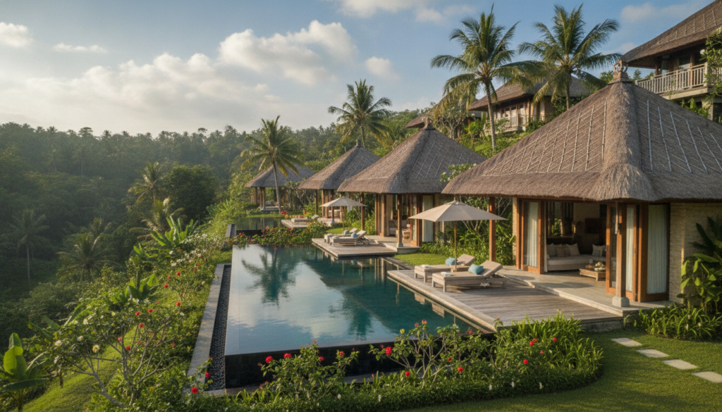 A serene Bali scene showcasing luxurious hotels and villas tailored for relaxing getaways. In the foreground, a beautifully landscaped garden with tropical flowers and palm trees leads to a stunning infinity pool reflecting the clear blue sky. In the middle, elegant villas with thatched roofs and spacious terraces invite guests to unwind, featuring wooden accents and large glass doors that open to breathtaking views. The background presents a lush green hillside dotted with more villas nestled among the trees. The atmosphere is tranquil and inviting, bathed in soft, warm sunlight, creating a sense of paradise. The camera angle is slightly elevated, capturing the harmonious blend of nature and architecture. No people are included to maintain focus on the luxurious accommodations.