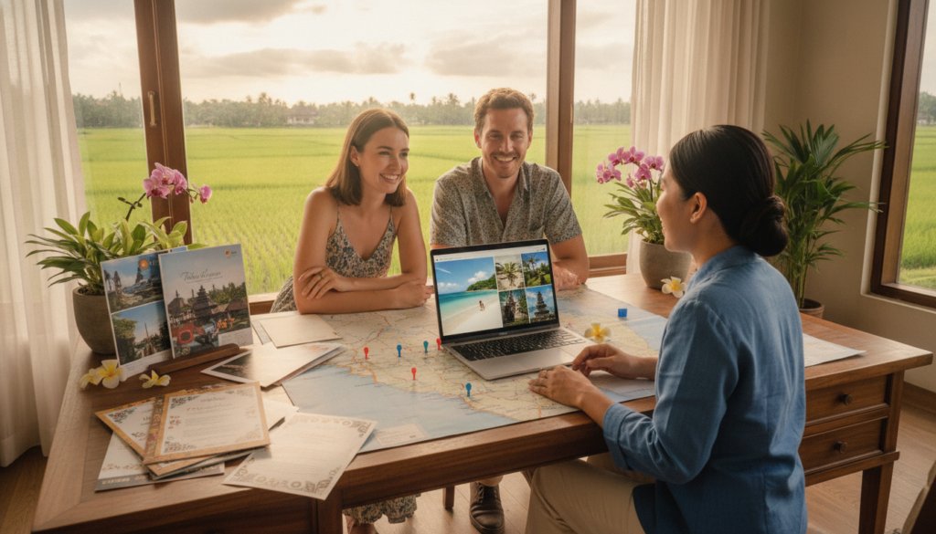 A serene Bali travel planning scene, featuring a well-organized desk with personalized travel itineraries, colorful brochures, and a laptop displaying stunning images of Bali’s beaches and temples. In the foreground, a professional travel agent in smart casual attire is intently discussing itinerary options with a couple, who are smiling and engaged. The middle ground showcases a map of Bali, with various destinations marked, surrounded by tropical plants and flowers that evoke the island's natural beauty. In the background, a softly lit window reveals a picturesque view of Bali's lush greenery and distant rice paddies, casting a warm, inviting glow across the scene. The atmosphere is relaxed, vibrant, and inspiring, perfect for planning an unforgettable vacation.