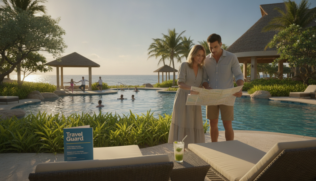 A serene all-inclusive resort setting featuring a well-lit, inviting pool area surrounded by lush tropical foliage. In the foreground, a travel insurance brochure rests on a stylish lounge chair alongside a refreshing drink. Nearby, a couple dressed in modest casual clothing examines a map, looking relaxed and engaged as they plan their day. The middle ground depicts guests enjoying various activities, such as a yoga class and swimming. In the background, the vibrant ocean sparkles under the sun, with a clear blue sky overhead. Soft, golden hour lighting casts a warm glow over the scene, creating a tranquil and safe atmosphere, emphasizing relaxation and preparedness while traveling.