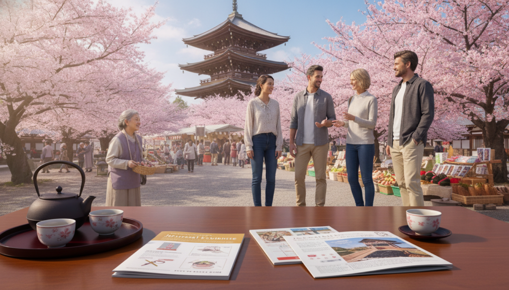 A serene and inviting scene depicting essential travel tips for experiencing Japanese culture and customs. In the foreground, a neatly arranged wooden table features traditional Japanese items: a teapot, delicate teacups, and informative travel brochures about cultural etiquette. In the middle ground, a group of tourists in modest casual clothing is interacting with a local vendor in a bustling market, sharing smiles while engaging in conversation. The background showcases an iconic Japanese landscape, with cherry blossom trees in bloom and a distant view of a majestic temple against a clear blue sky. Soft, natural lighting illuminates the scene, creating a warm and welcoming atmosphere, inviting viewers to immerse themselves in the beauty and rich culture of Japan.