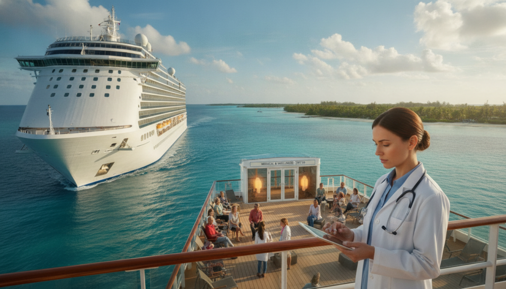 A serene cruise setting with a well-maintained ship floating on clear blue waters. In the foreground, a caring medical professional in a crisp white lab coat and stethoscope examines a medical chart onboard. The middle ground showcases passengers of diverse backgrounds, relaxed and engaged in safety discussions, with the ship’s medical center visible, featuring bright, welcoming lights. In the background, picturesque tropical islands dot the horizon under a radiant blue sky, with soft white clouds casting gentle shadows. The atmosphere conveys a sense of safety, care, and tranquility, highlighting the importance of medical coverage during a cruise. The scene is captured from a slightly elevated angle, providing a comprehensive view of the onboard medical facilities. A serene cruise setting with a well-maintained ship floating on clear blue waters. In the foreground, a caring medical professional in a crisp white lab coat and stethoscope examines a medical chart onboard. The middle ground showcases passengers of diverse backgrounds, relaxed and engaged in safety discussions, with the ship’s medical center visible, featuring bright, welcoming lights. In the background, picturesque tropical islands dot the horizon under a radiant blue sky, with soft white clouds casting gentle shadows. The atmosphere conveys a sense of safety, care, and tranquility, highlighting the importance of medical coverage during a cruise. The scene is captured from a slightly elevated angle, providing a comprehensive view of the onboard medical facilities.