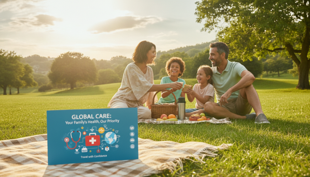 A serene family vacation scene showcasing a diverse family of four, dressed in modest casual clothing, enjoying a picnic in a lush green park. In the foreground, a well-organized travel medical insurance brochure rests on the picnic blanket, featuring vibrant graphics of healthcare symbols, like a stethoscope and a first aid kit. The middle ground includes the family laughing and interacting with one another, with an emphasis on safety and joy. In the background, a scenic view of a sunny landscape with gentle hills and trees enhances the atmosphere of a relaxing adventure. Soft lighting casts a warm glow, creating a cheerful mood, while a subtly blurred depth of field focuses on the family and the brochure, emphasizing the importance of medical protection during family vacations. A serene family vacation scene showcasing a diverse family of four, dressed in modest casual clothing, enjoying a picnic in a lush green park. In the foreground, a well-organized travel medical insurance brochure rests on the picnic blanket, featuring vibrant graphics of healthcare symbols, like a stethoscope and a first aid kit. The middle ground includes the family laughing and interacting with one another, with an emphasis on safety and joy. In the background, a scenic view of a sunny landscape with gentle hills and trees enhances the atmosphere of a relaxing adventure. Soft lighting casts a warm glow, creating a cheerful mood, while a subtly blurred depth of field focuses on the family and the brochure, emphasizing the importance of medical protection during family vacations.