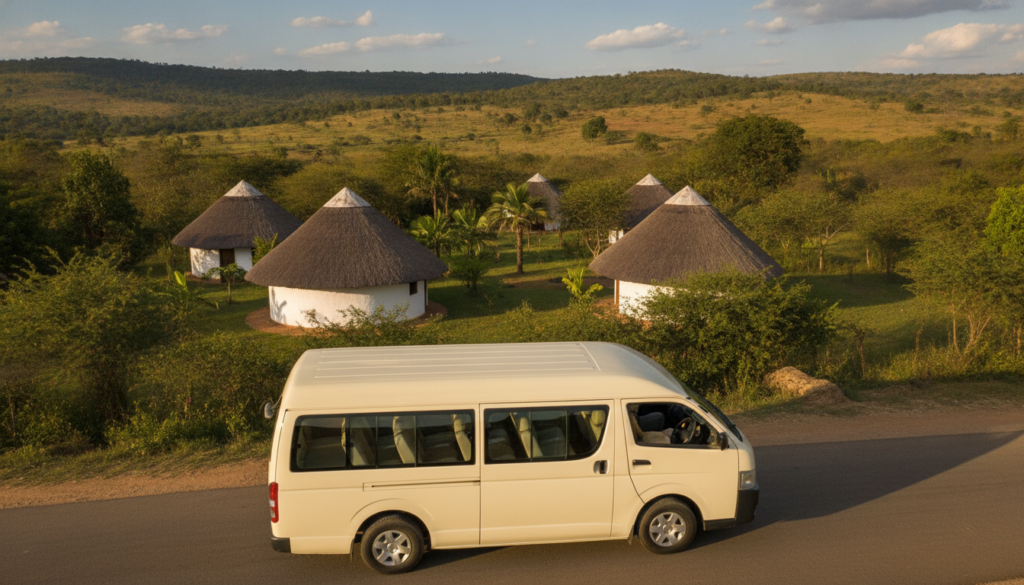 A serene landscape depicting safe travel in Africa, featuring a well-maintained, "comfort" tourist van driving along a scenic road. In the foreground, the van is shown from a slightly elevated angle, emphasizing its spacious and clean interior visible through tinted windows, suggesting comfort and security. In the middle ground, traditional African huts are nestled among lush greenery, depicting cozy accommodations. The background features rolling hills under a bright blue sky with soft, fluffy clouds, creating a peaceful atmosphere. Warm sunlight bathes the scene, enhancing a sense of safety and tranquility. The overall mood should invoke confidence and reassurance, perfect for travelers seeking an enriching journey through Africa. No text or logos should appear in the image.